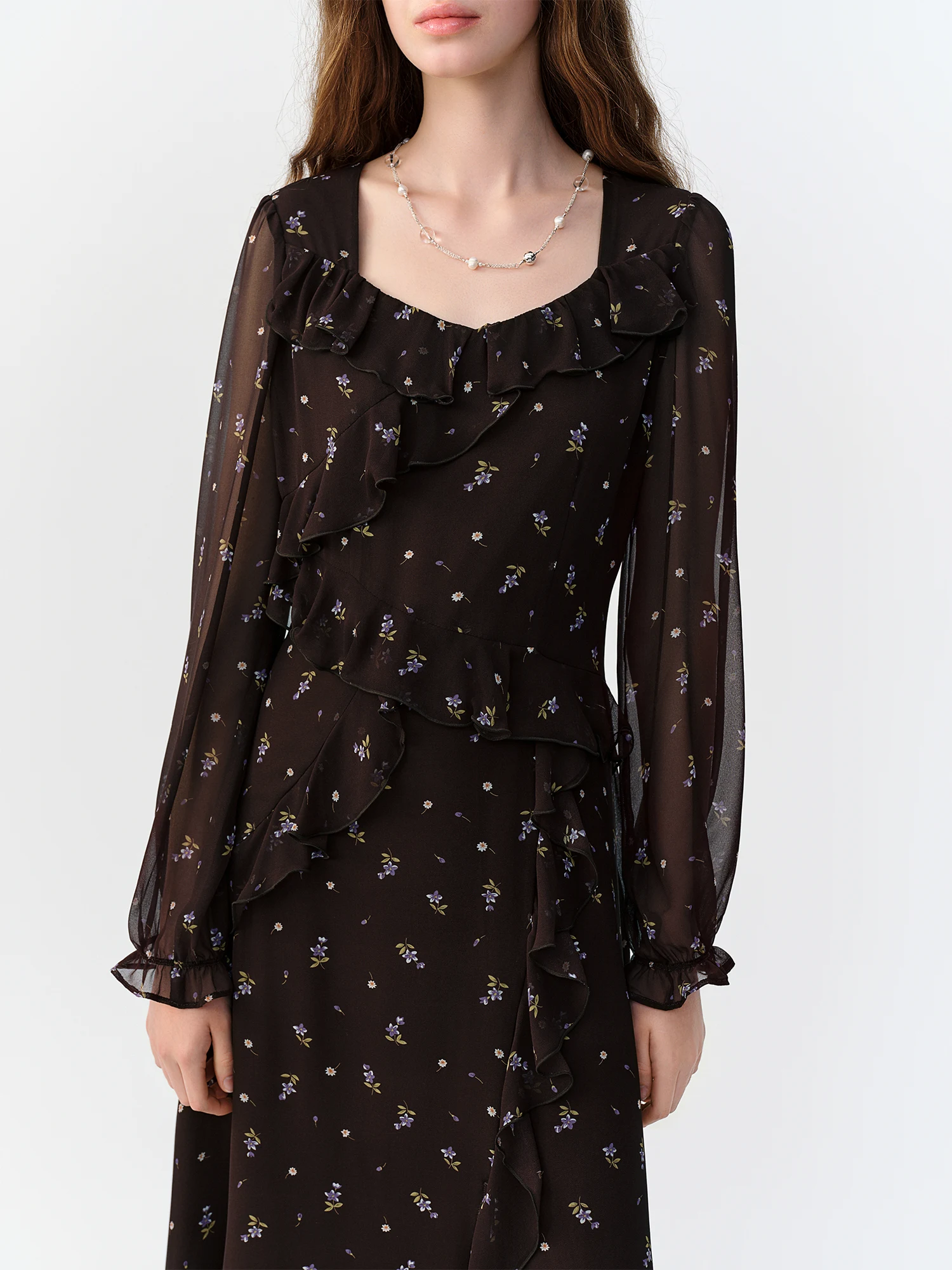 DUSHU 2026 Herbst Neues Französisches Braunes Blumen-Midikleid mit Rüschendetails Schlankmachendes Kleid mit Quadratischem Ausschnitt in Mehreren Größen Erhältlich – Detail 6