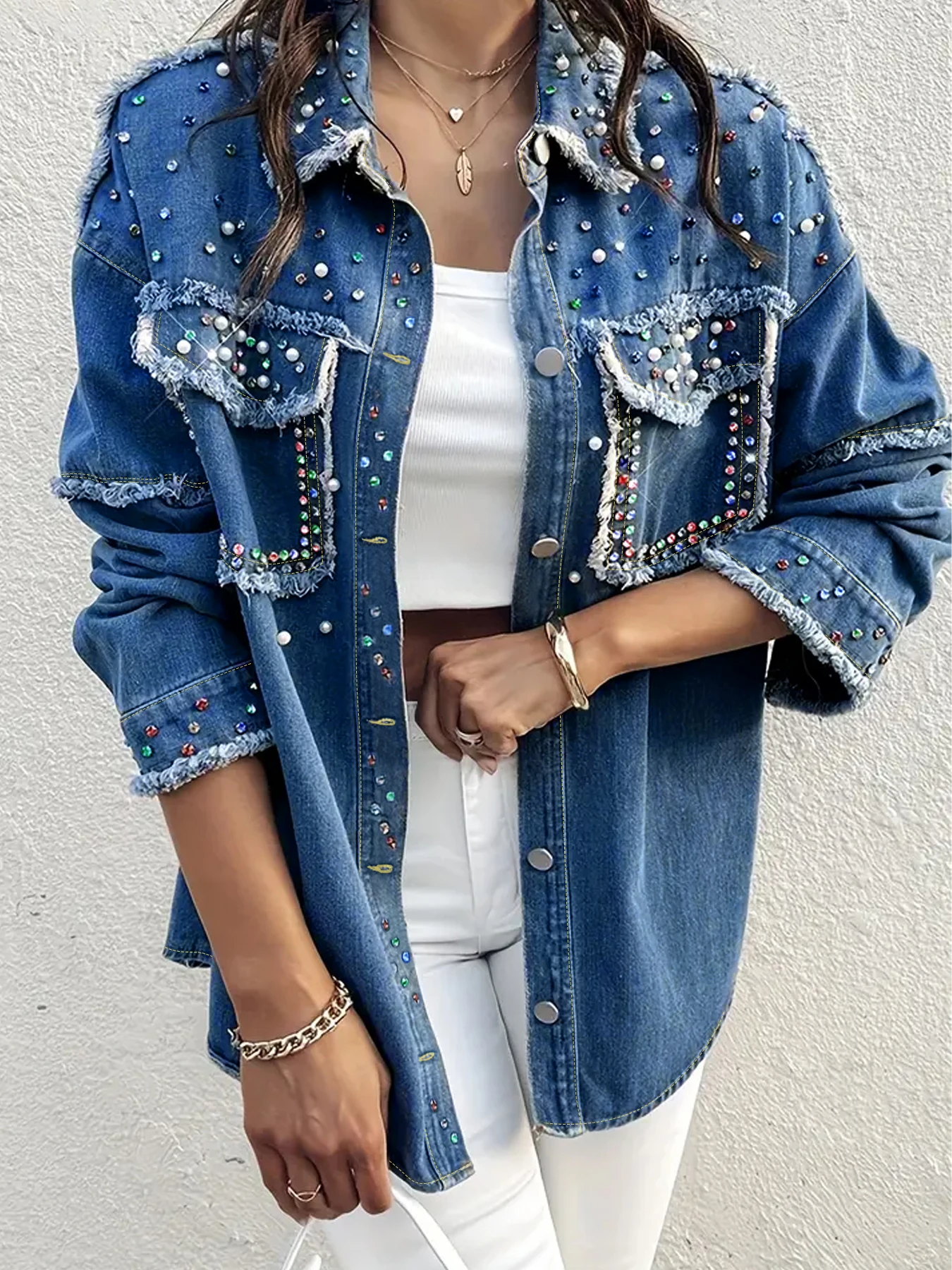 Veste en jean ample pour femme, grande taille, avec strass et perles, décontractée, délavée, grande taille