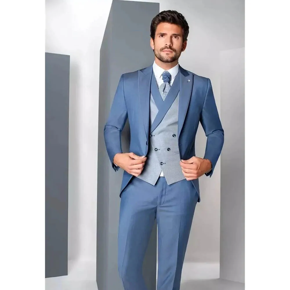 

Newest Gorgeous Blue Men Suits 3 Pcs Costume Homme Groom Prom Wedding Blazer (Jacket+Pants+Vest) Terno Masculino Slim Fit