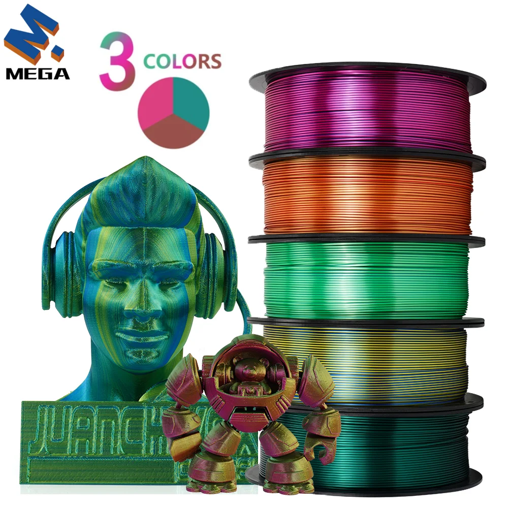 Filament Silk PLA 3 Color for 3D Printing Plastic 3D Printer Tricolor Materials 1.75mm 1KG Rainbow Spool No Bubble Multicolor