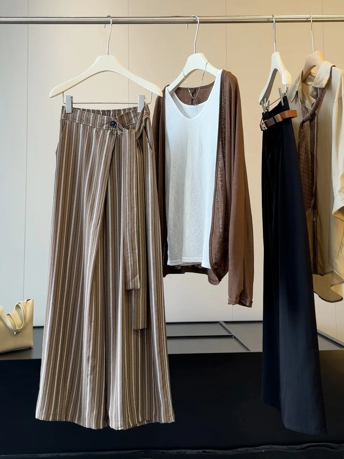 Vintage Coffee Striped Wrap-front Wide Leg Pants High Waist Belted Casual Linen Blend Trousers For Women Ankle-length Pants