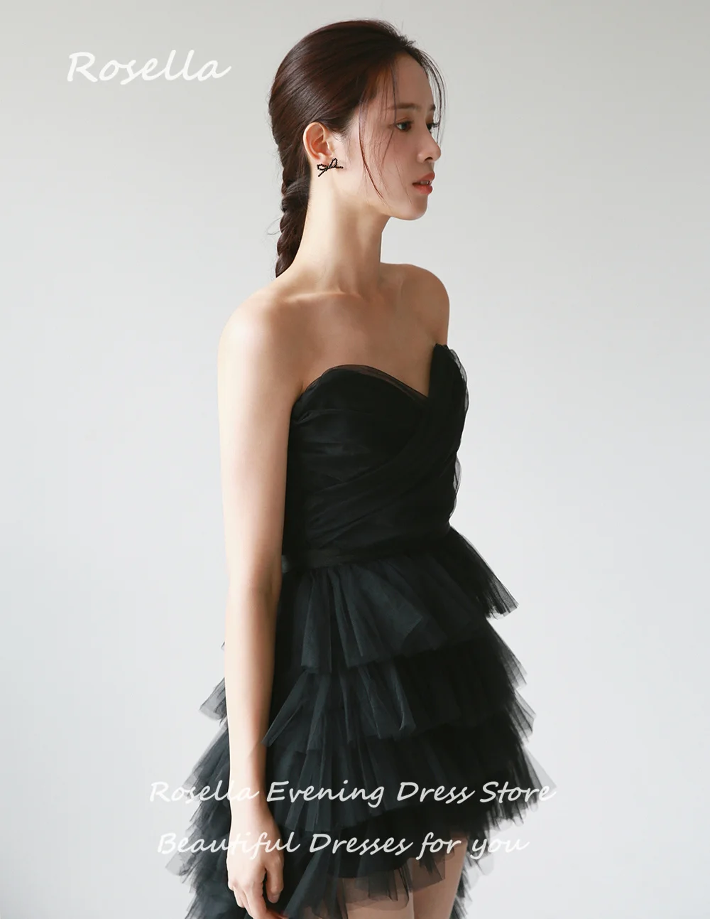 ROSELLA Black Tulle Sweetheart Women Party Dresses Tiered Mini A Line Female Sweep TrainCocktail Party Prom Gown Korean New 2023