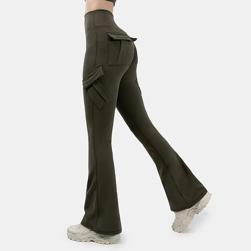 

Spicy Girl Fashion Leisure Sports Multi Pocket Spliced Workwear Pants with Raised Hips and High Waist Yoga Flare Long Pants