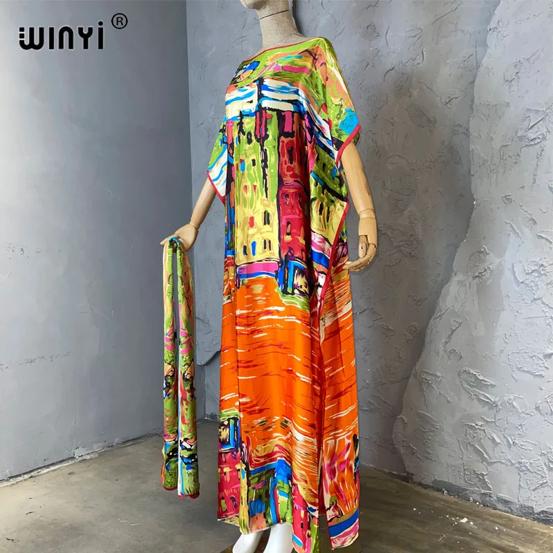 WINYI 2023 nowa afrykańska muzułmańska pani lato Boho nadrukowane Graffiti Kaftan sukienka na wakacje luźna kuwejt moda Streetwear Abaya