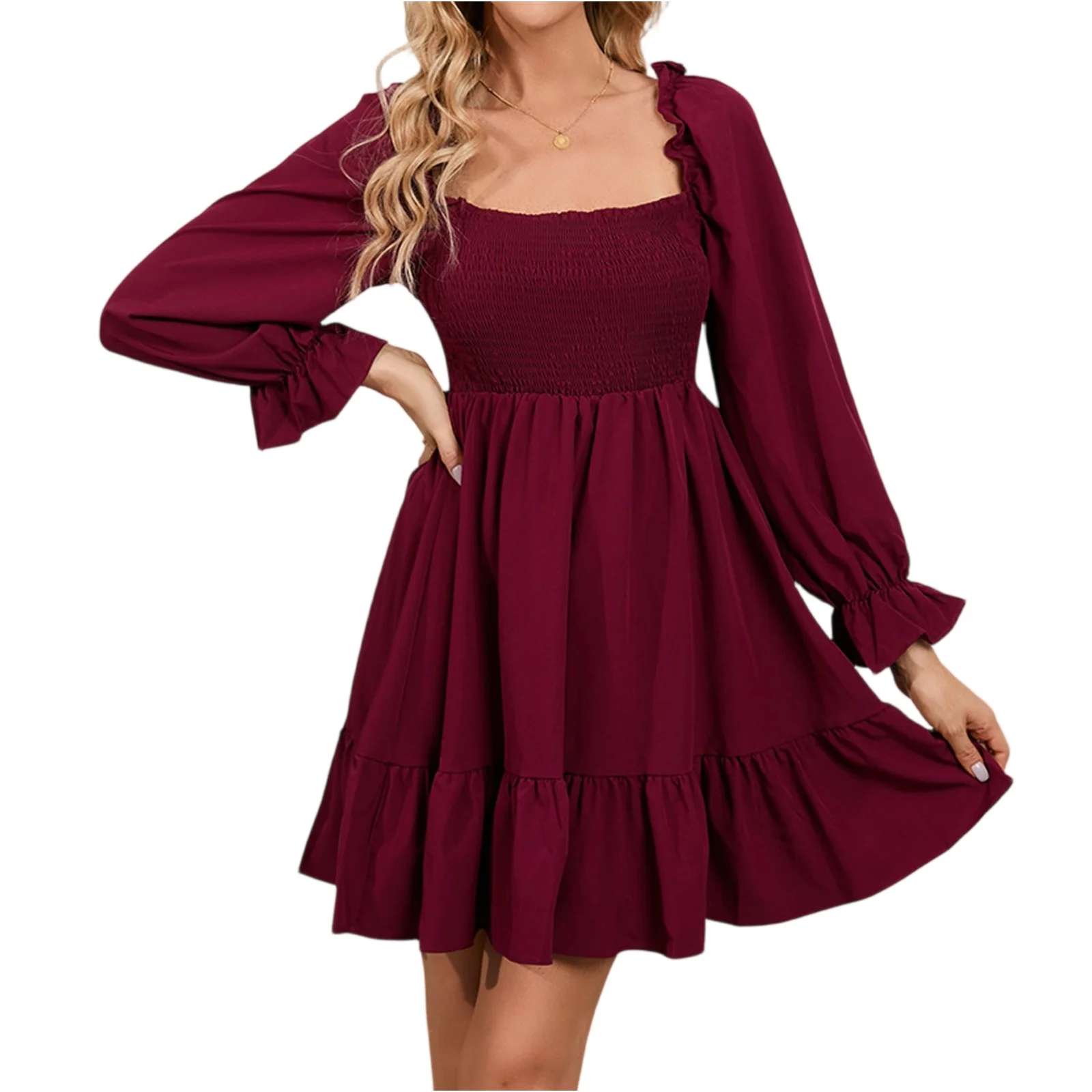 فساتين نسائية كاجوال بسيطة برقبة مربعة بلون سادة وأكمام طويلة فساتين صيفية مكشكشة ربيعية مرقعة بوهو فستان حفلات الكوكتيل مزين بالزهور