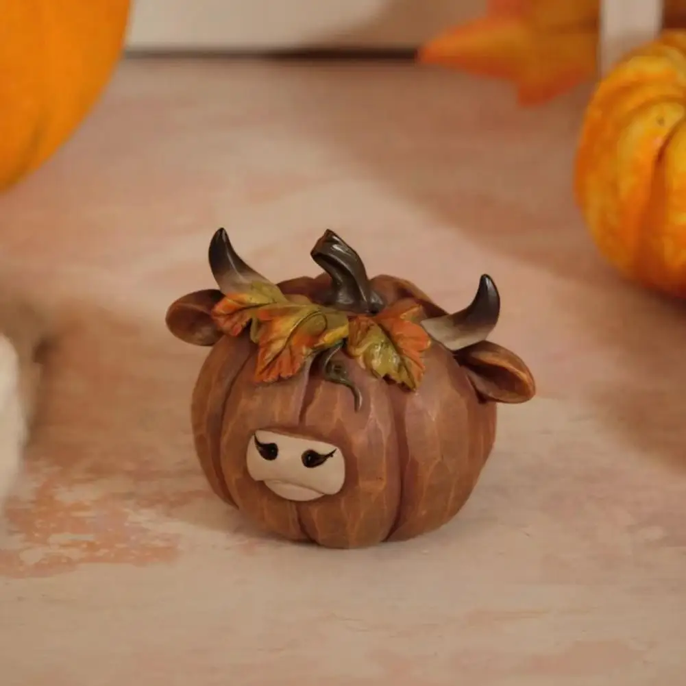 Window Sill Fall Ornament Highland Cow Figurines Hand-painted Resin Pumpkin Statues Autumn Harvest Thanksgiving for Farmhouse