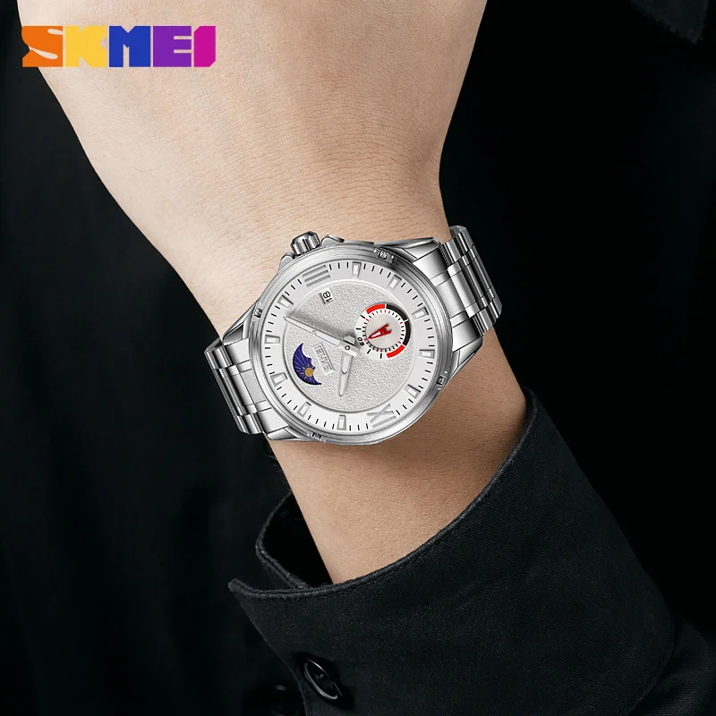 SKMEI นาฬิกาควอทซ์สแตนเลสสำหรับผู้ชาย, นาฬิกาข้อมือลำลองกันน้ำ