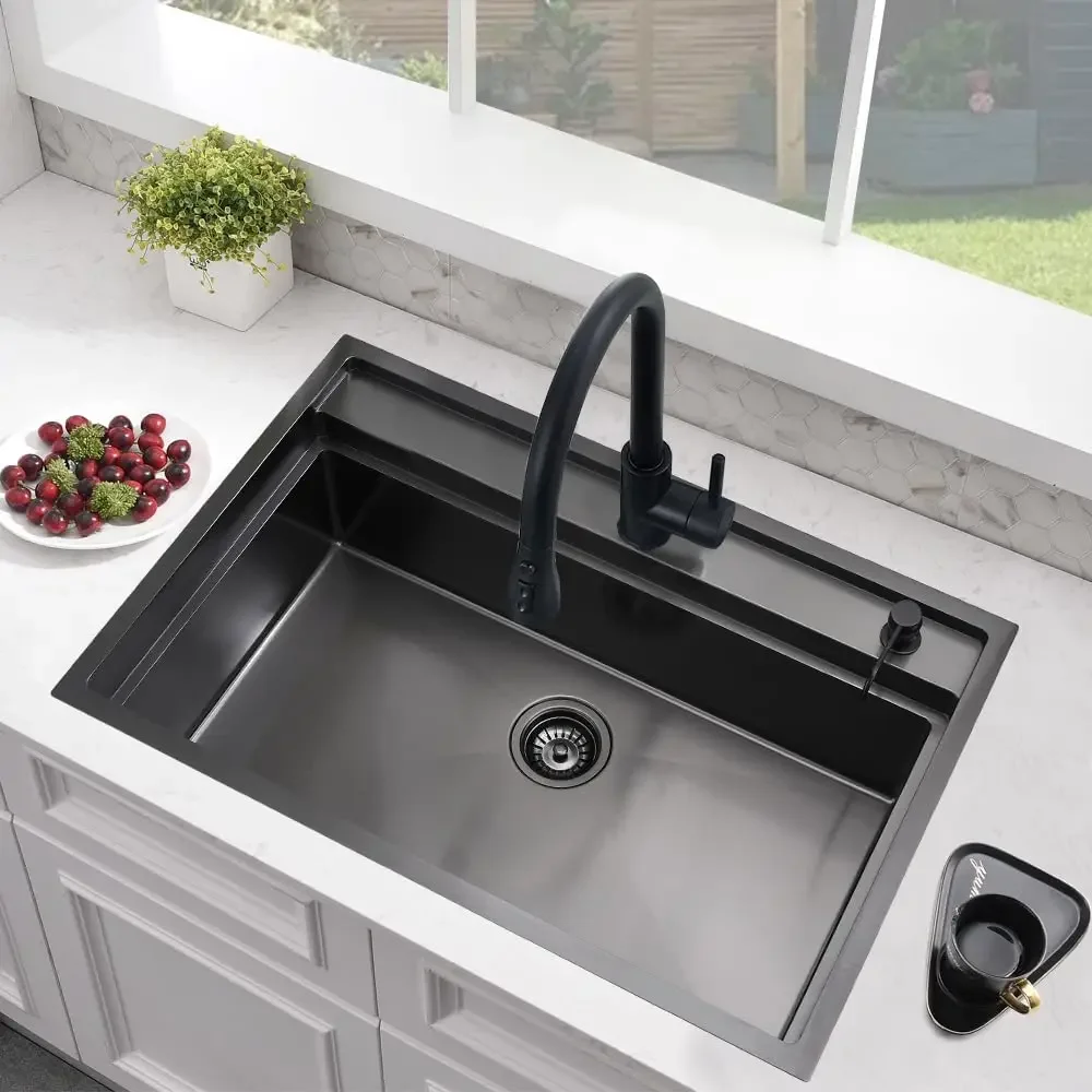 33 Inch Black Kitchen Sink Drop In Splash Guard Workstation | 33x19 Drop In Kitchen Sink Black Stainless Steel 16 Gauge Deep Sin