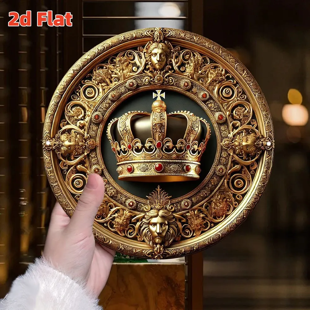 CIFBUY Elegant 2D Flat Aluminum Wall Art Waterproof Durable Gold Crown Scroll Red Gem Indoor Outdoor Hotel Home Decor