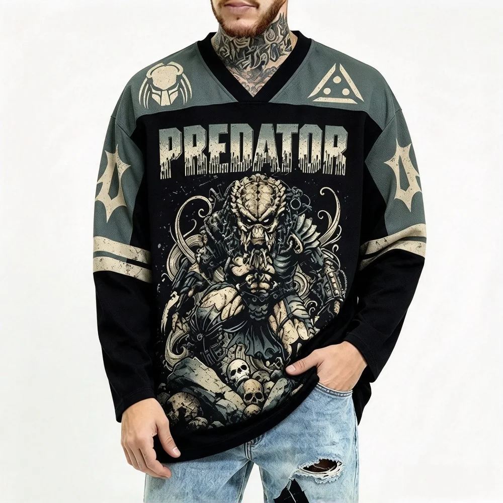 2026 New Predator Warrior Pattern Printed T-Shirt - Round Neck Long Sleeve Windproof Loose Fit Men's and Women's T-Shirt Top