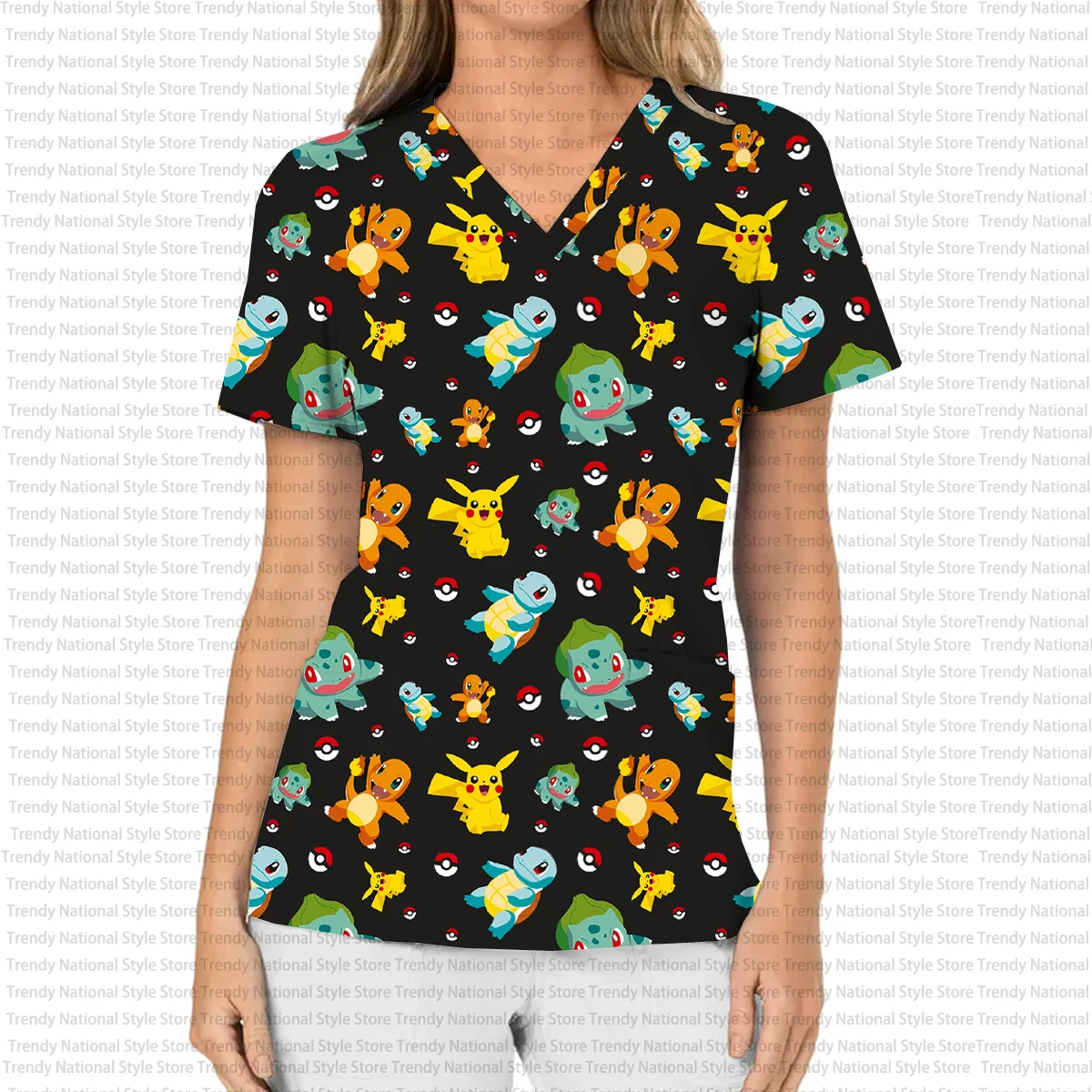 Tops exfoliantes para mujer, camiseta de manga corta con cuello en V y bolsillo con estampado de Pokémon Pikachu, camiseta informal de moda para tienda de mascotas Dental