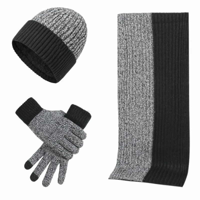 Autumn Winter Keep Warm Set Unisex Men Women Beanie Gloves Scarf Male Woolen Yarn Knitted Muffler Spring Fall Contrast Color Hat