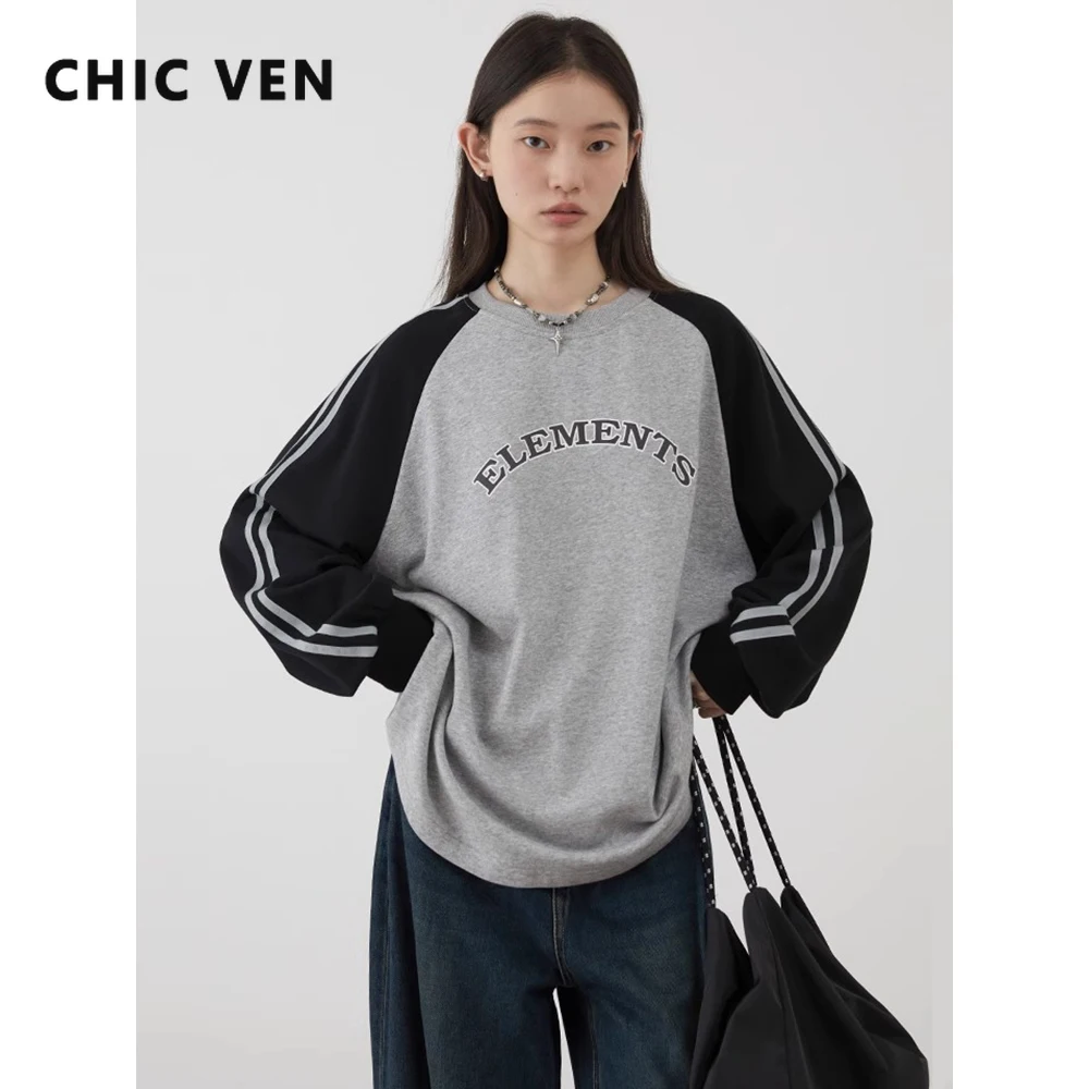 CHIC VEN Women T-Shirts Loose Casual Contrasting Color O Neck Letter Printed Female Tees Long Sleeved Top Spring Autumn 2024