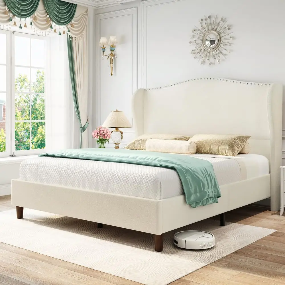 

King Size Chenille Bed Frame with 52 Tall Headboard, Upholstered Platform Bed with Nailhead Trim Headboard Wingback, No Box Spr