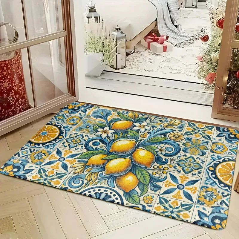 Mediterranean Tile Art Style Blue White Geometric Tile Lemon Floral Pattern Print Non Slip Front Entryway Home Decor Doormat
