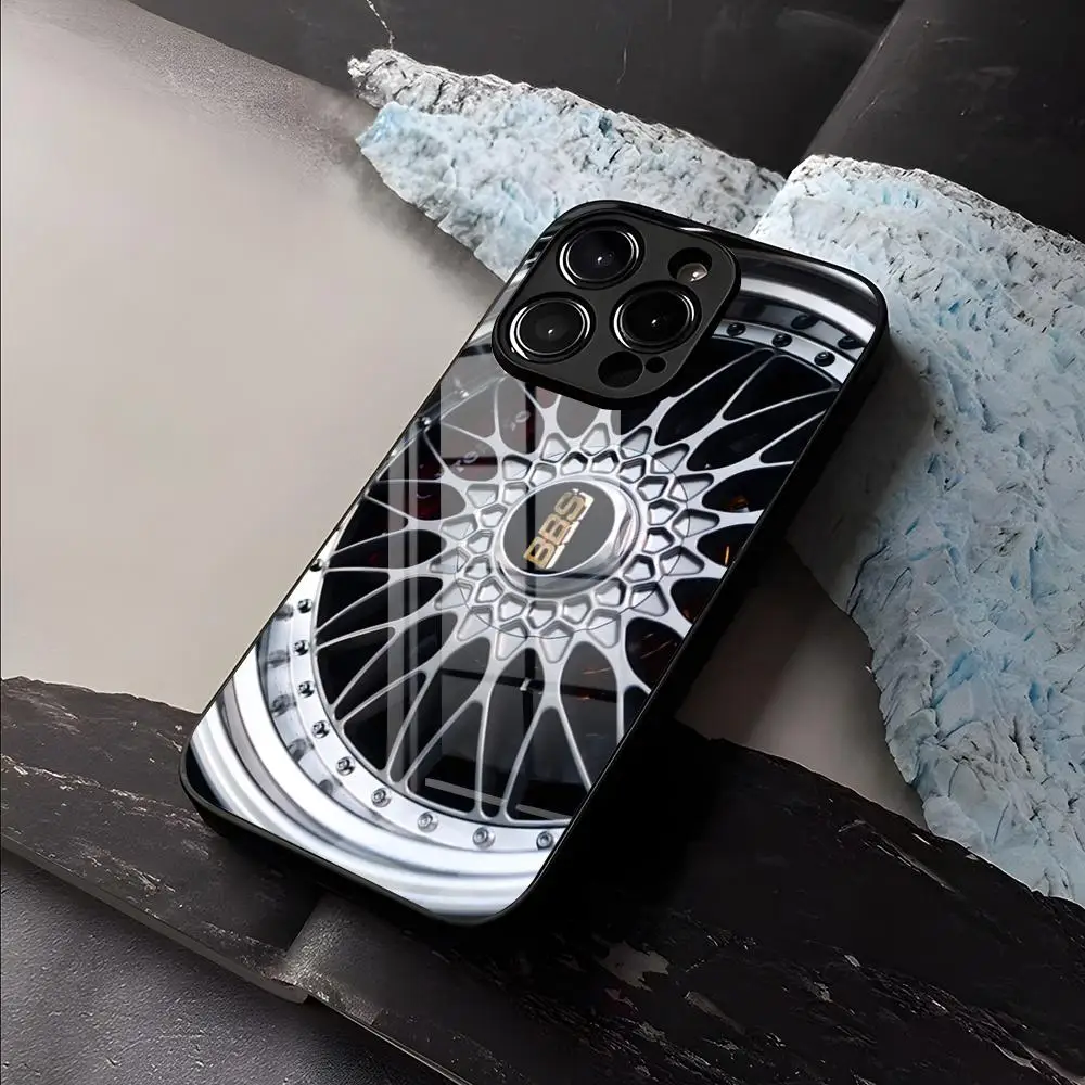 Funda de Teléfono con Diseño de Ruedas de Coche BBS para iPhone 17 Air 16 E Pro Max 15 14 13 Mini 12 Pro 11 Max Plus, Cubierta de Vidrio Negro