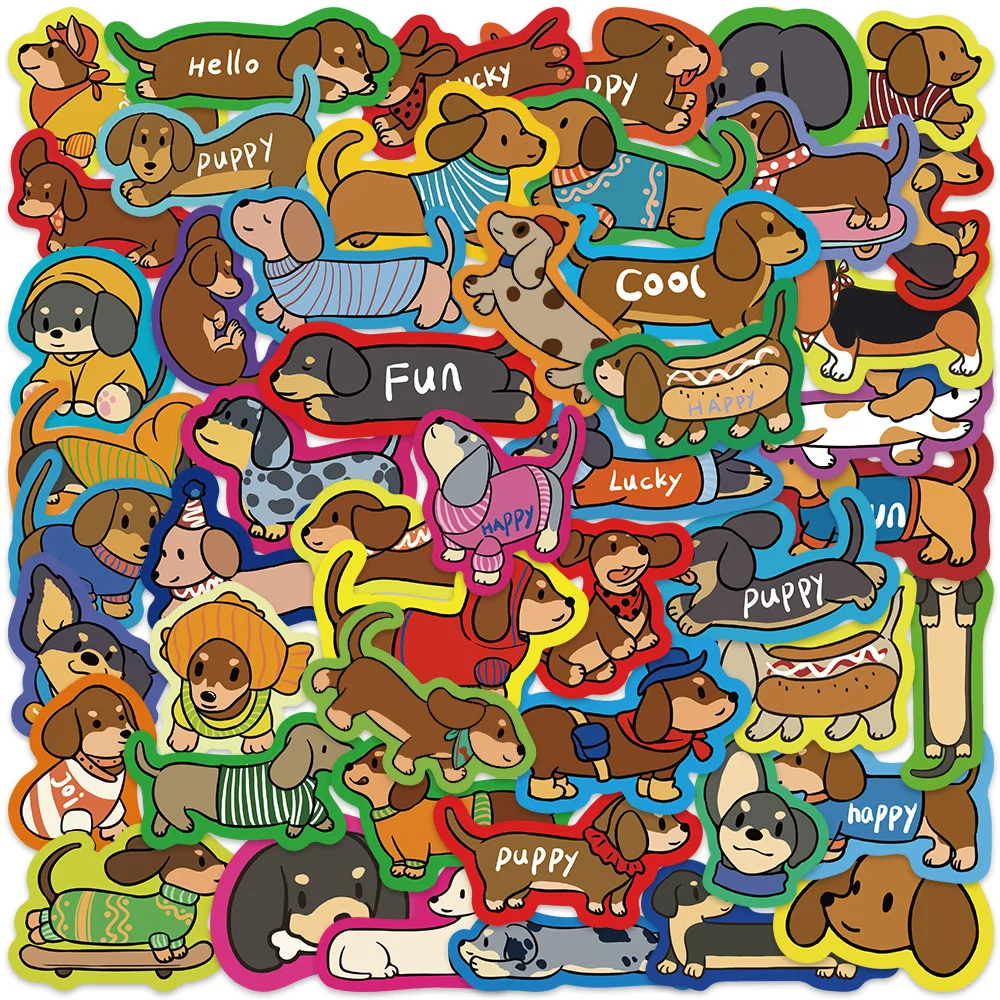 

50pcs Cute Cartoon Animals Dachshund Stickers Kids Pets Water Bottle Decals For Luggage Laptop Guitar Phone Waterproof Graffiti