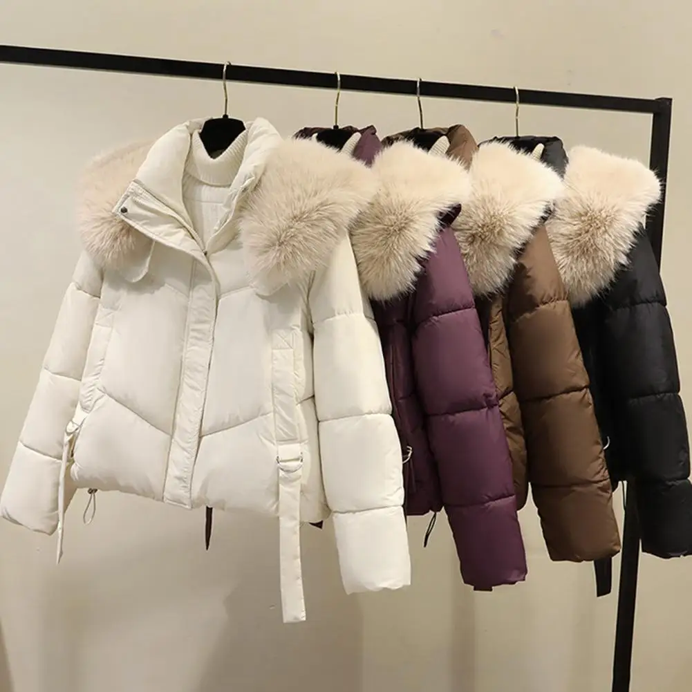 2024 Korean Fashion Furry Collar Winter Women Jacket Ladies Vintage Short Warm Puffer Coat Female Parka Outerwear