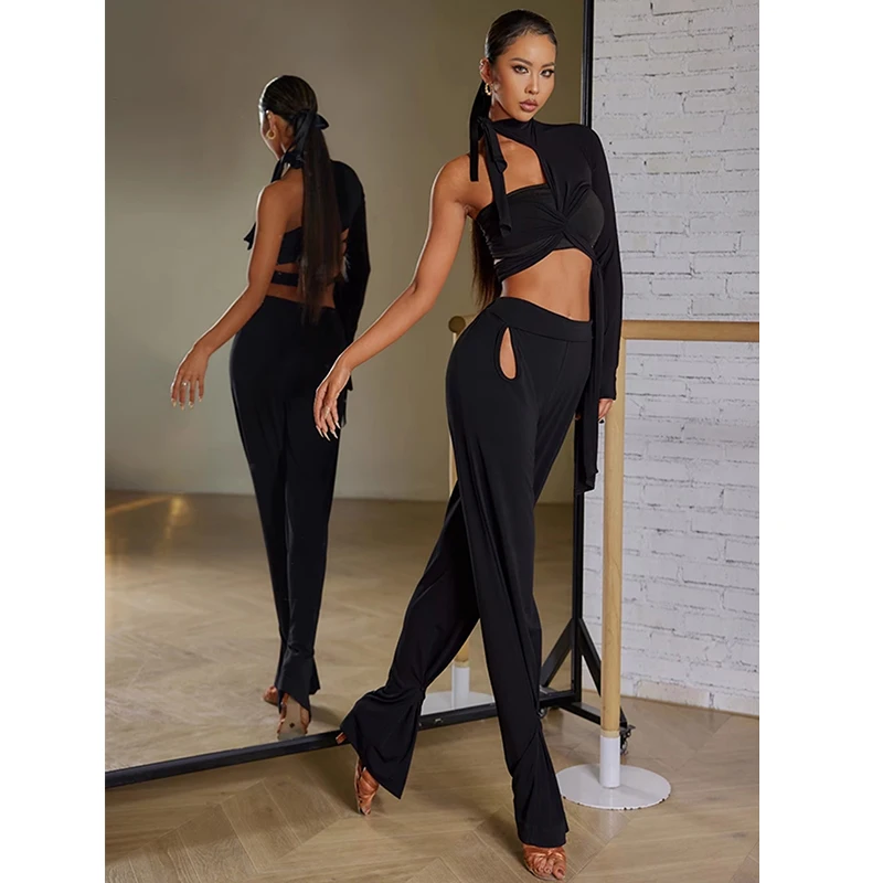 New ZYM Latin Dance Pants Women Adult Ballroom Dance Clothes Cha Cha Rumba Dance Practice Clothing Black Latin Trousers DNV19082