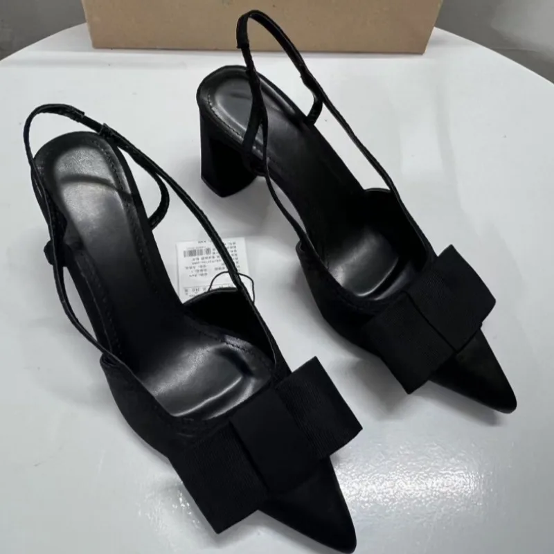 Pointed Toe Women\'s Office Shoes 2025 Spring Black Retro Bow Decoration High Heels Shallow Slingbacks Elegant Ladies Pumps