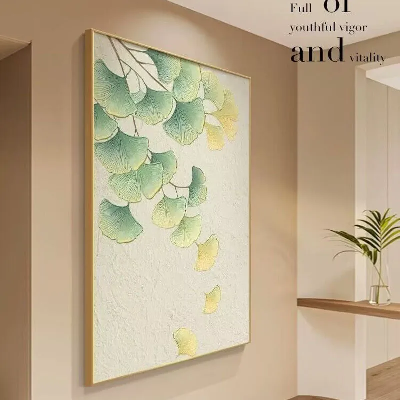 2024 New Cream Style Ginkgo Leaves Pure Hand Drawn Oil Painting Living Room Room Decoration Painting Corridor Murals Restaurant