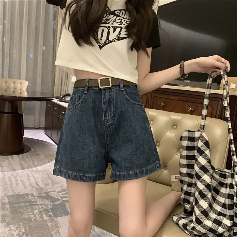 

Dark blue retro denim shorts women,summer new arrival high waist loose slimming Fashionable wide-leg shorts