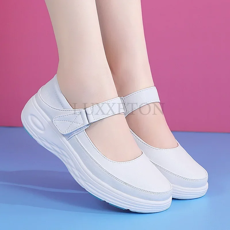 

Pop Women Shoes Women Genuine Leather Sneakers Slip On Wedges White Women Loafers Casual Flats Comfortable Nurse Shoes