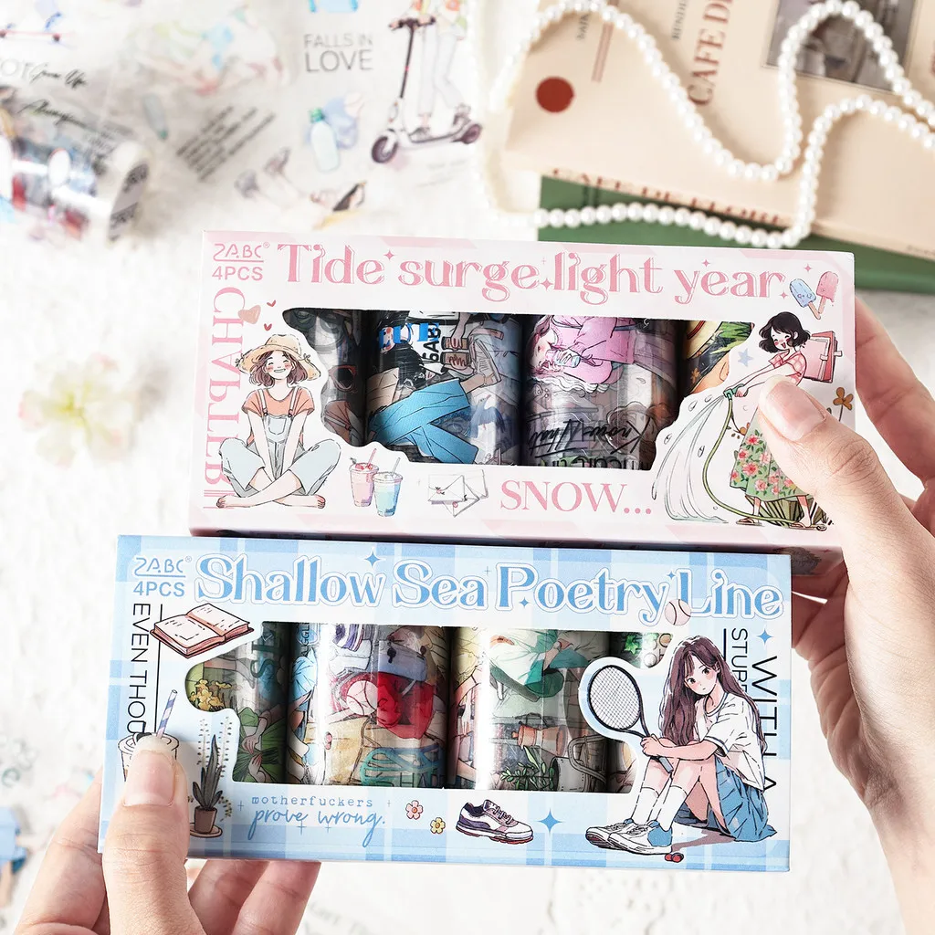 

4rolls PET Decorative Adhesive Tape Stickers for Junk Journaling Supplies Scrapbooking Supplies DIY Crafts Tape Sticker