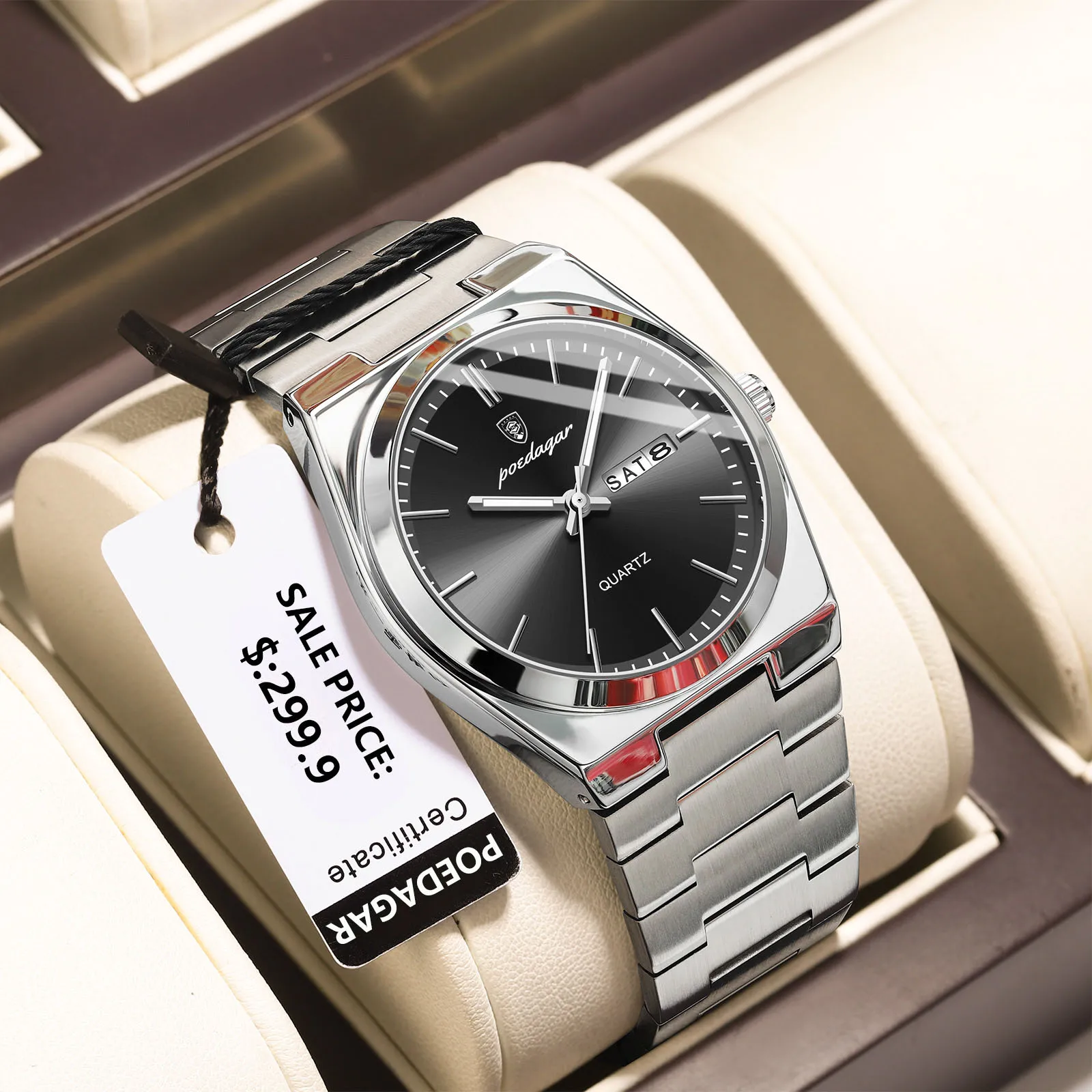 POEDAGAR Luxe herenhorloges Waterdicht Lichtgevende Datum Week Herenhorloge Roestvrij staal Casual Mode Quartz Man Polshorloge Reloj