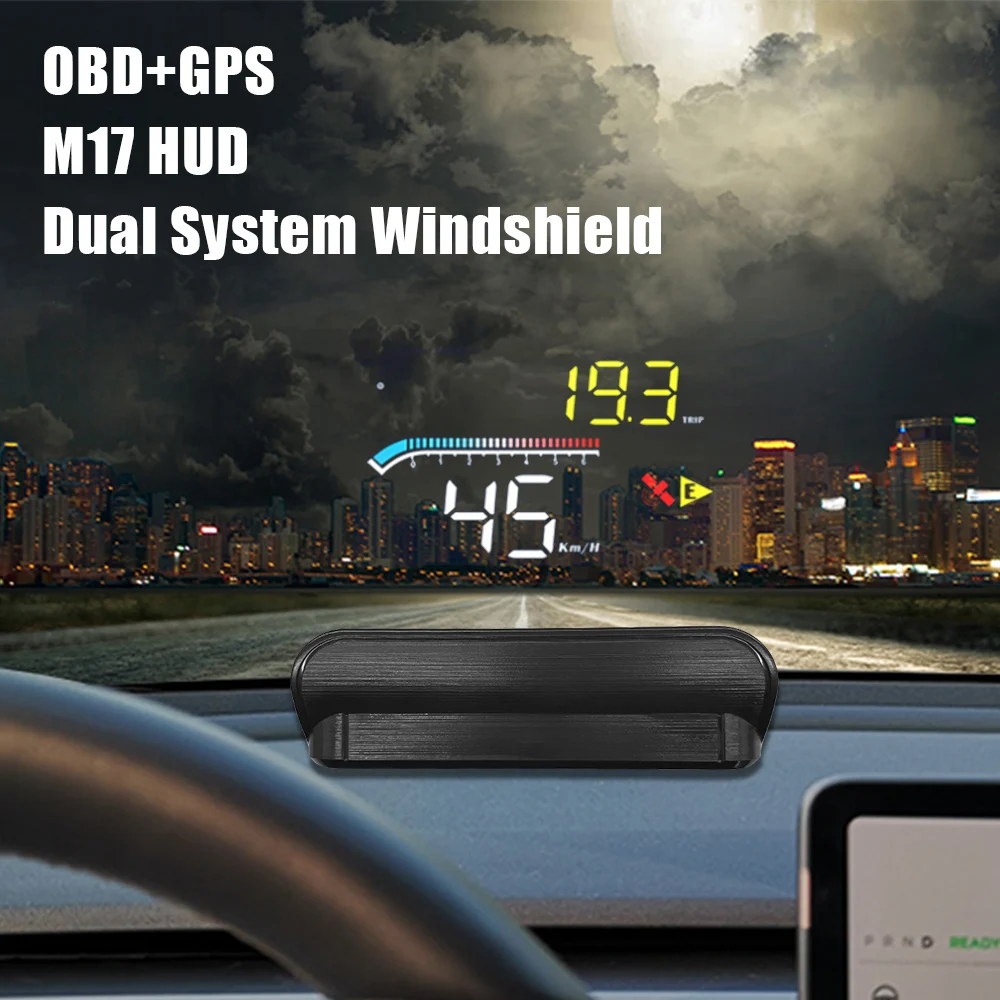 

Dual System Windshield Overspeed 3.5” Security Alarm Water temp RPM M17 HUD Speed Projector Voltage Head Up Display OBD + GPS