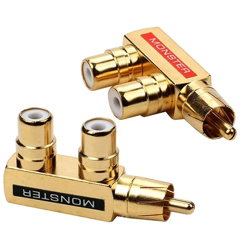 2/4/8/16PCS Two Three-way RCA One Point Plug Monster Lotus Gold Plated RCA 1 Male to 2 Female AV Audio Adapter