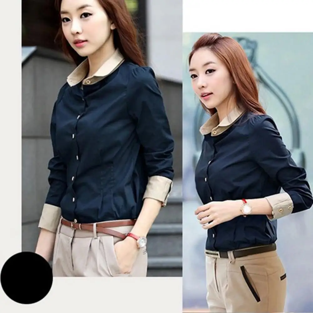 Women Turn Down Collar Long Sleeve Blouse Waist Tight Button Shirt Top Elegant Office Lady Professional Business Casual Wear
