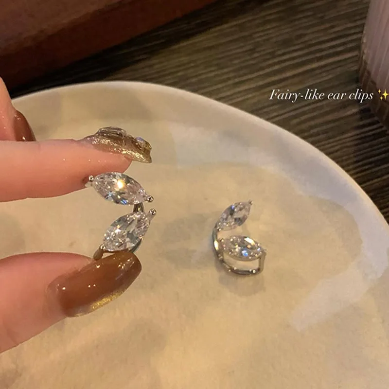 Women's Shiny Zircon Leaf Clip Earrings, Non-Piercing Gift