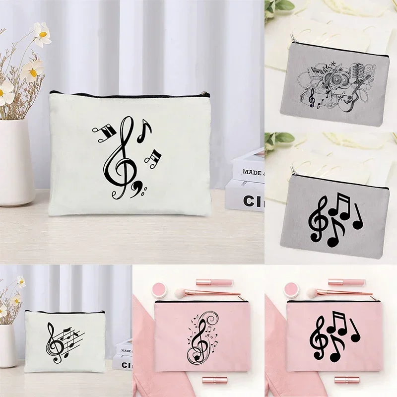 2023 Trendy Music Note Make Up Bag Women Travel Perfume Lipstick Organizer White Eco Canvas Cosmetic Pouch Toiletry Bag Purse