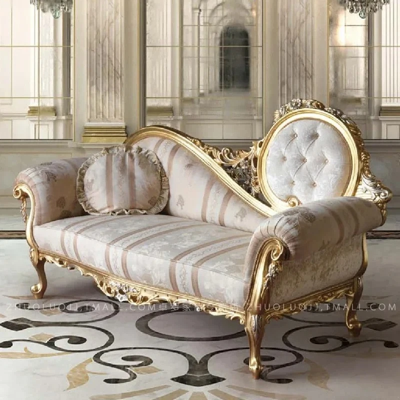 

A44 European style end stool bedroom sofa luxury fabric living room chaise longue wood carving flower recliner