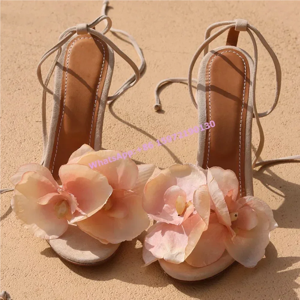 

Apricot Flower Ankle Band Sandals Peep Toe Floral Cross Lace Up Summer Shoes Women's Vocation Elegant Fashion Shoes 2024