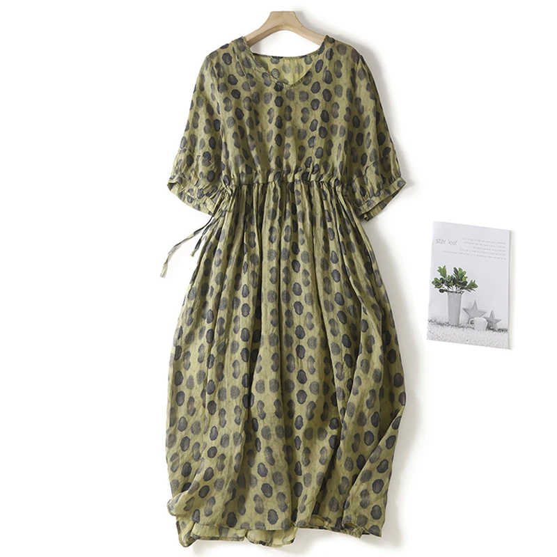 

Women Polka Dot Midi Dress Chic Drawstring Short Sleeve V-Neck A-Line Cotton Pockets Dresses Femme Casual Summer Clothes