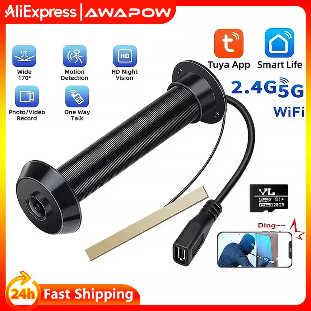 Awapow Tuya Door Peephole Viewer Smart Wifi Video Doorbell 2.4G/5G Mini Camera 170° Angle Night Vision 1080P Motion Detection