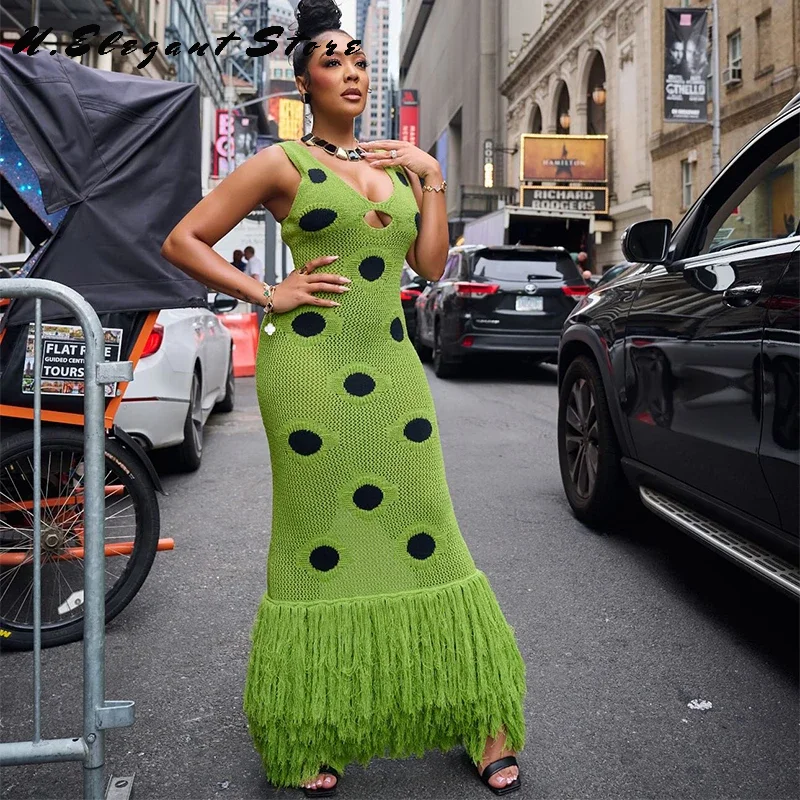 Mulheres sexy ver através de malha maxi vestido oco para fora profundo pescoço pote robes borla hem garfo festa vestidos 2025 nova senhora clube vestido