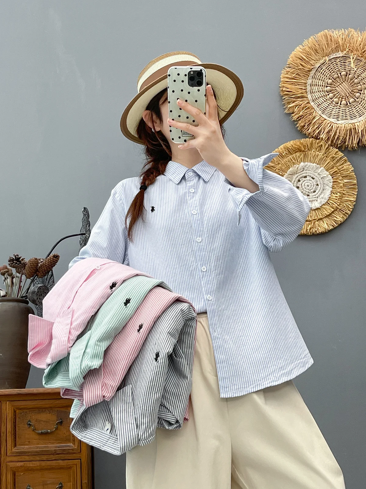 

Японская модная розовая, синяя, серая, зеленая рубашка с длинными рукавами на пуговицах в красную білу полоску и блузки для женщин, офисная одежда, топы