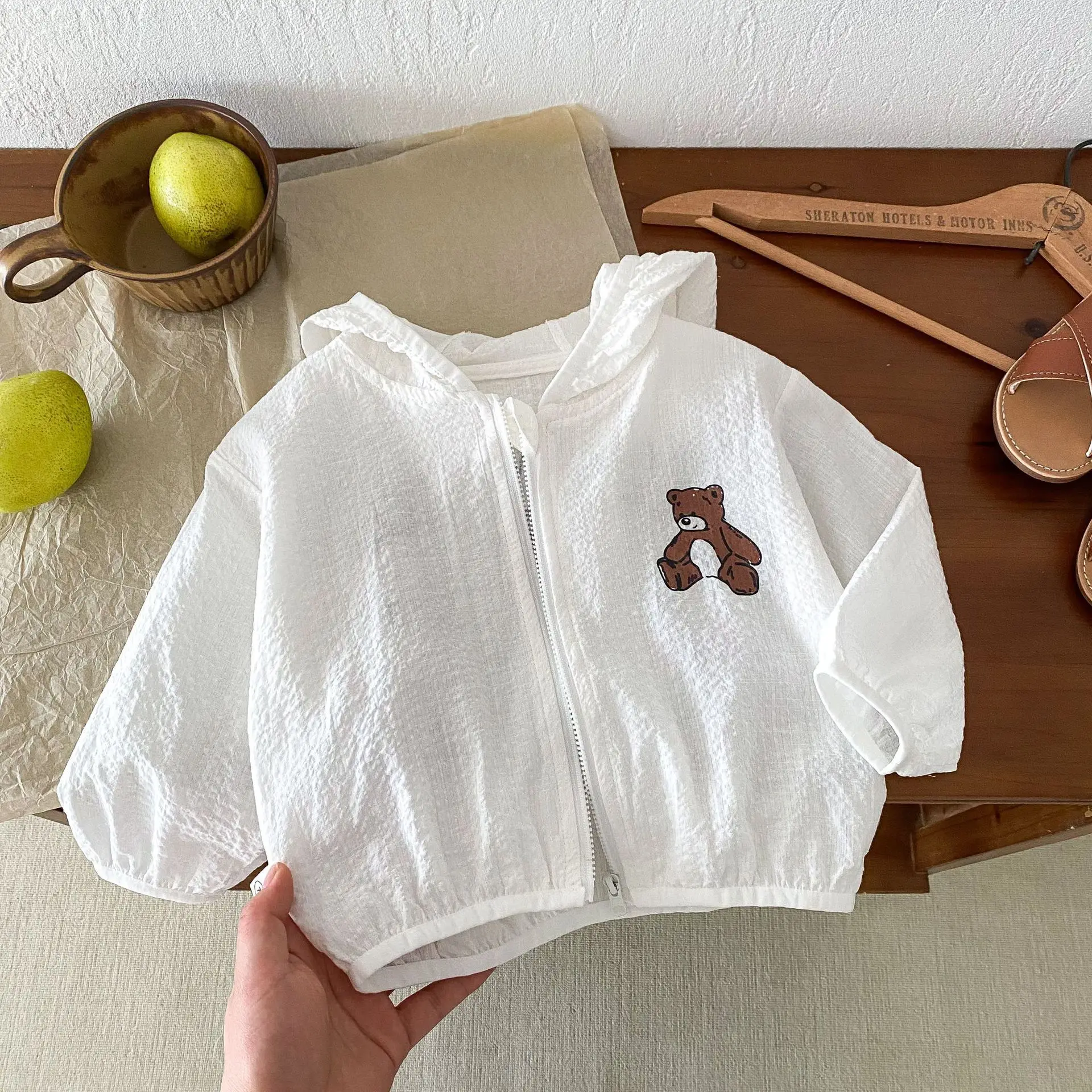 

Kids Boy Girl Long Sleeve Cartoon Bear Zipper Hooded Air Conditioned Cardigan Clothes Summer Children Jacket 0-6Years Toddler