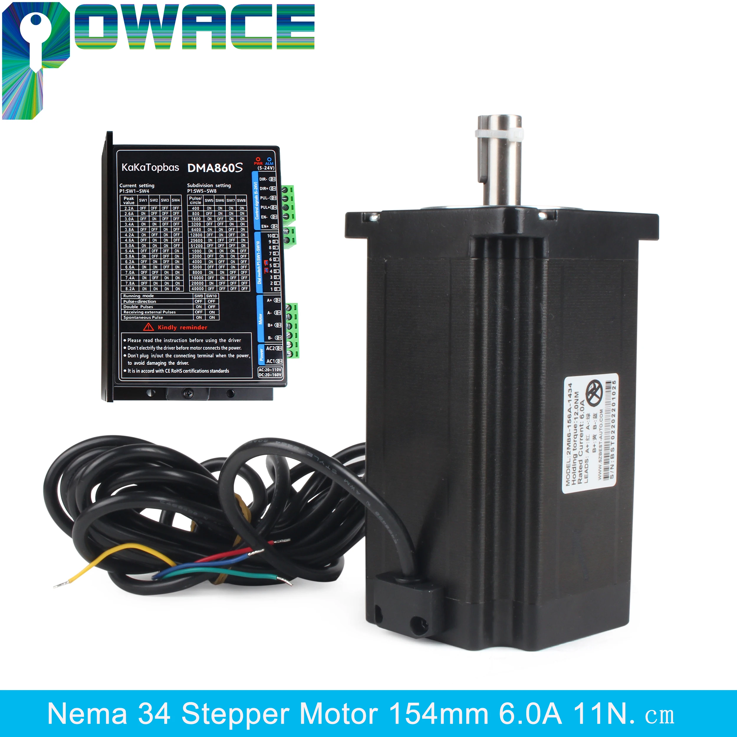 

【EU】CNC Nema34 Stepper Motor 154mm 14mm Single Shaft 6.0A 11N.cm 2 Phase 4 Wires With DMA860S Driver