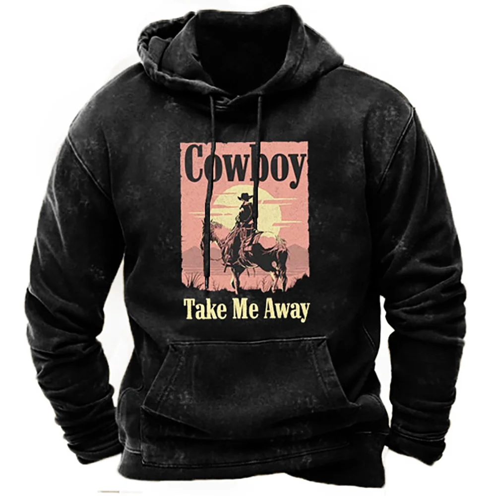 Autumn Vintage Hoodie For Men Cowboy Print Long Sleeve Oversized Sweatshirt Casual Street Men's Clothing Classic Style Pullover