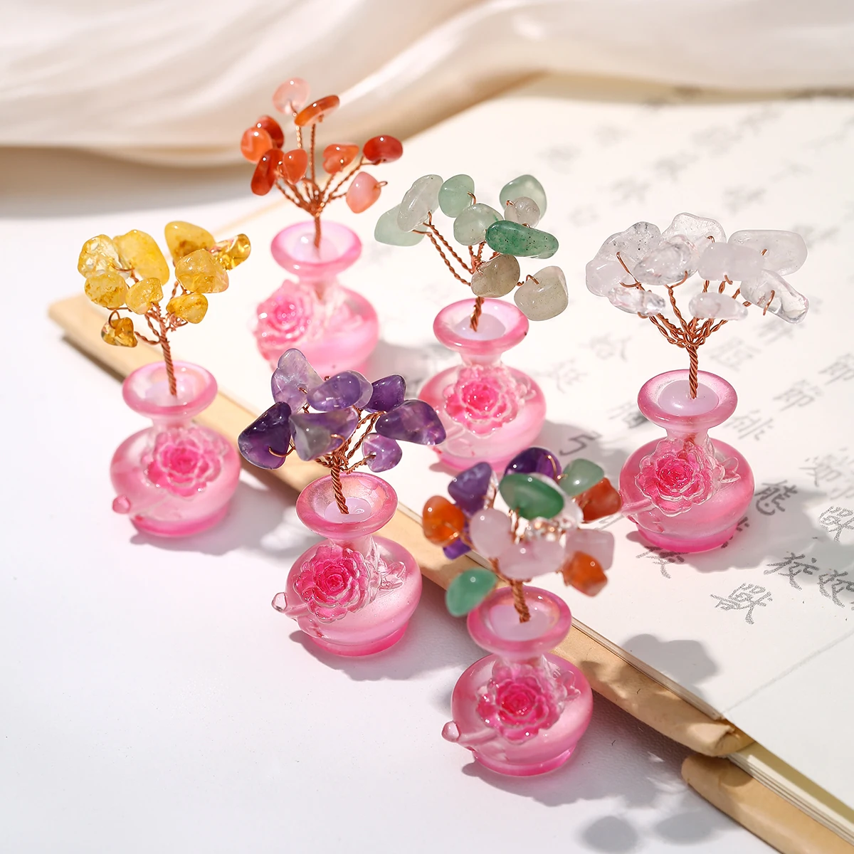 1PC Natural Crystal Gravel Stone Small Tree Copper Wire Wrapped Lucky Wealth Feng Shui Trees Reiki Healing Tabletop Ornaments