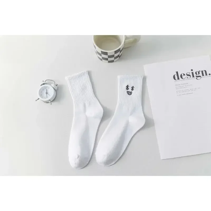 5 Pairs Women's Cartoon Socks Round Neck Mid Tube Fashionable Cute Expression Pattern Socks Casual Breathable Autumn Girls Socks