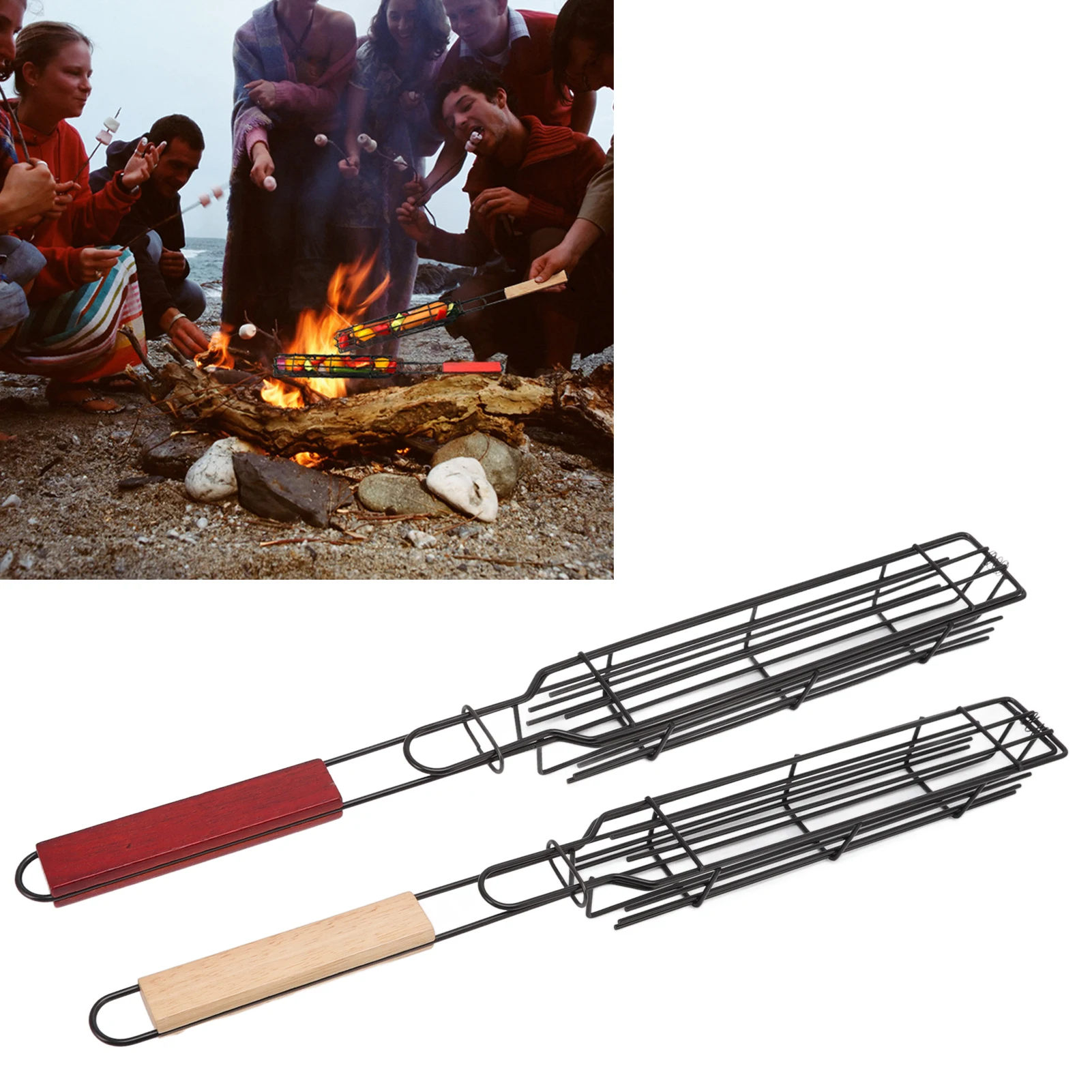 Outdoor BBQ Grilling Grate Portable Non Stick Wood Handle Easy Cleaning Lockable Kebab Grilling Basket for Meat for Camping
