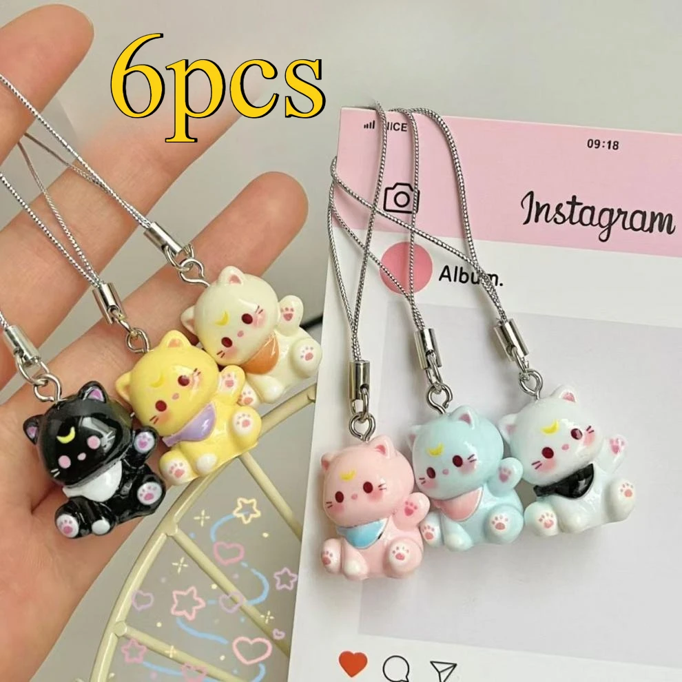 Set Cute Cartoon Small Cat Phone Chain Keyrings Mini Resin Cats Keyring Bag Pendant Couple Keychain Gifts Fashion Jewelry
