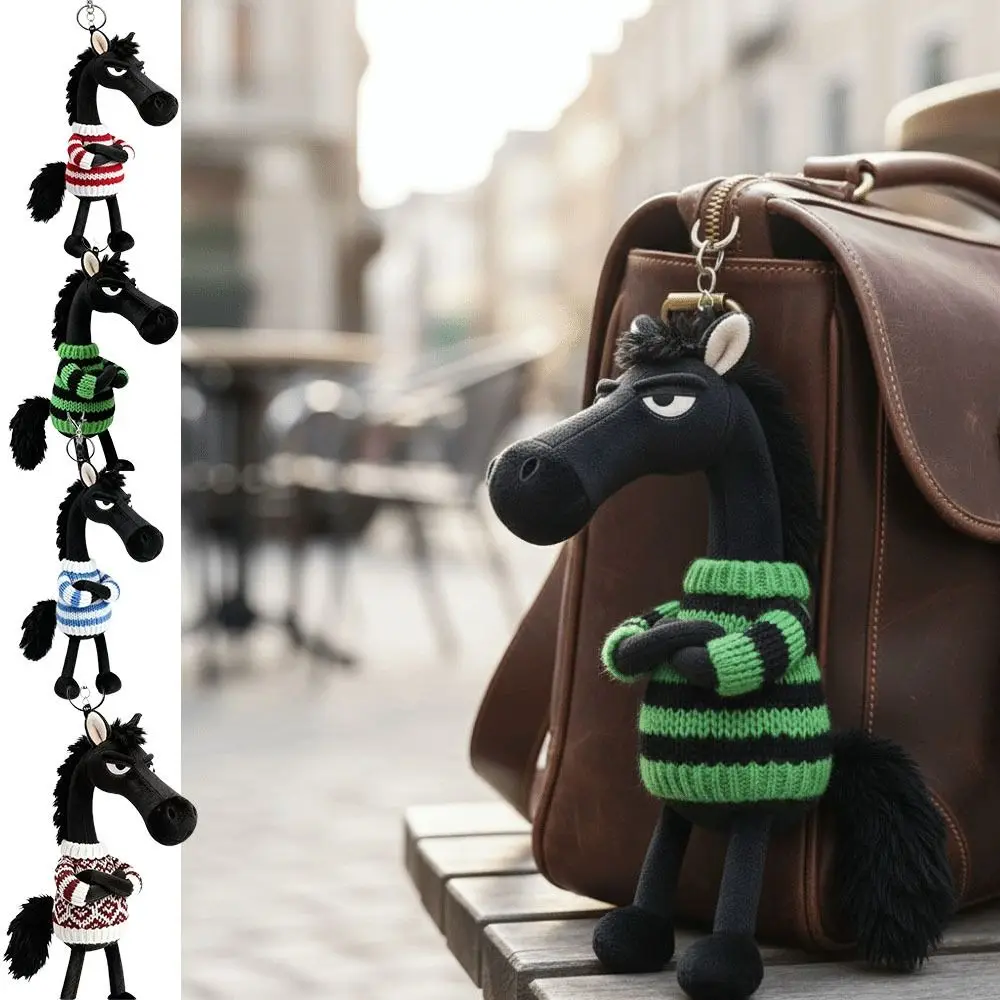 Funny Creative Dark Horse Keychain Mascot Cute Simulation Horse Soft Chinese Style Zodiac Pony Figurine Room Decoration