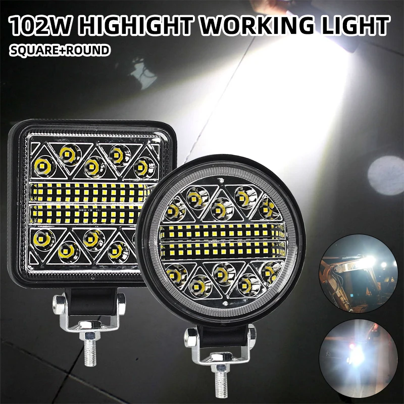 1/2pcs 102W Car Work Light 12V 24V Square Round LED Light Bar For Jeep Truck Boat Tractor ATV Offroad 6000K White Super Bright