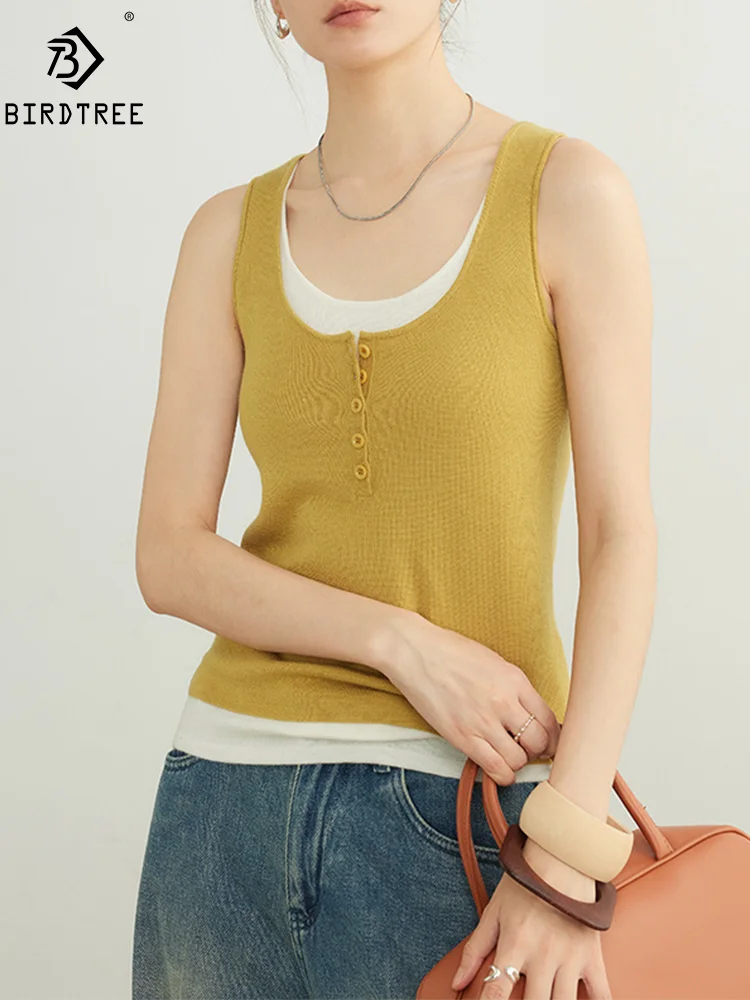 BirdTree, 32.4% Wool Elegant Vest Sweaters, Women Contrast Color Buttons, Fashion Casual Knit Tank Top, Autumn Winter T478100QM